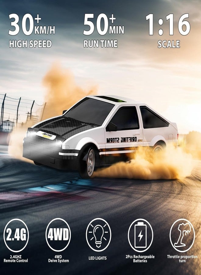 Onecado Remote Control Cars 1:16 Scale RC Drift Car 2.4Ghz 30KM/H High Speed 4WD RTR Racing with Drift Tires LED Lights 1PCS Rechargeable Batteries RC Sport Cars Toys for Adults Kids Gift (White) - Image 3